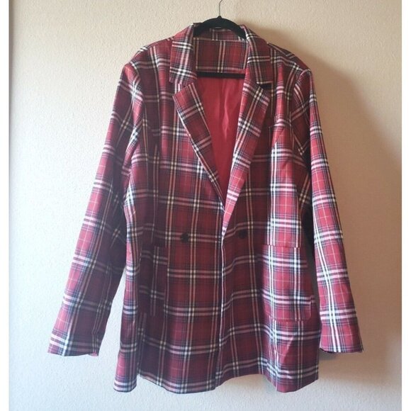 NWOT Red Tartan Plaid Blazer Double Breasted Jacket with Rollable Sleeves - 3X - Picture 3 of 16